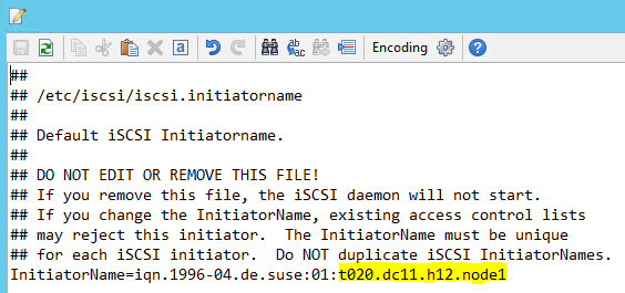 Zrzut ekranu przedstawiający plik initiatorname z wartościami InitiatorName dla węzła.