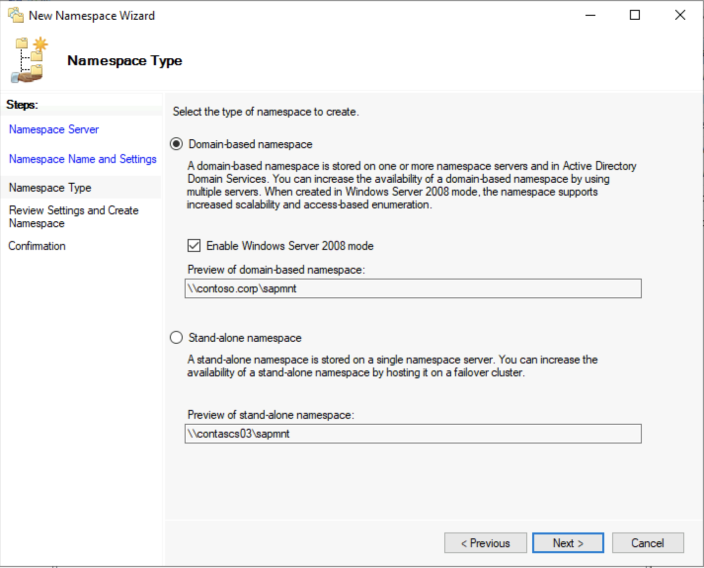 Zrzut ekranu przedstawiający ekran wyboru typu przestrzeni nazw systemu plików DFS dla opcji autonomicznych lub opartych na domenie.