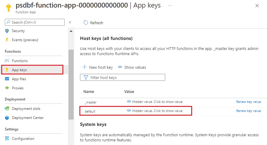Zrzut ekranu przedstawiający stronę Klucze aplikacji funkcji platformy Azure.