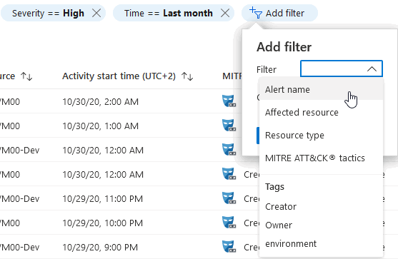 Screenshot that shows you how to add filters to the alerts view.