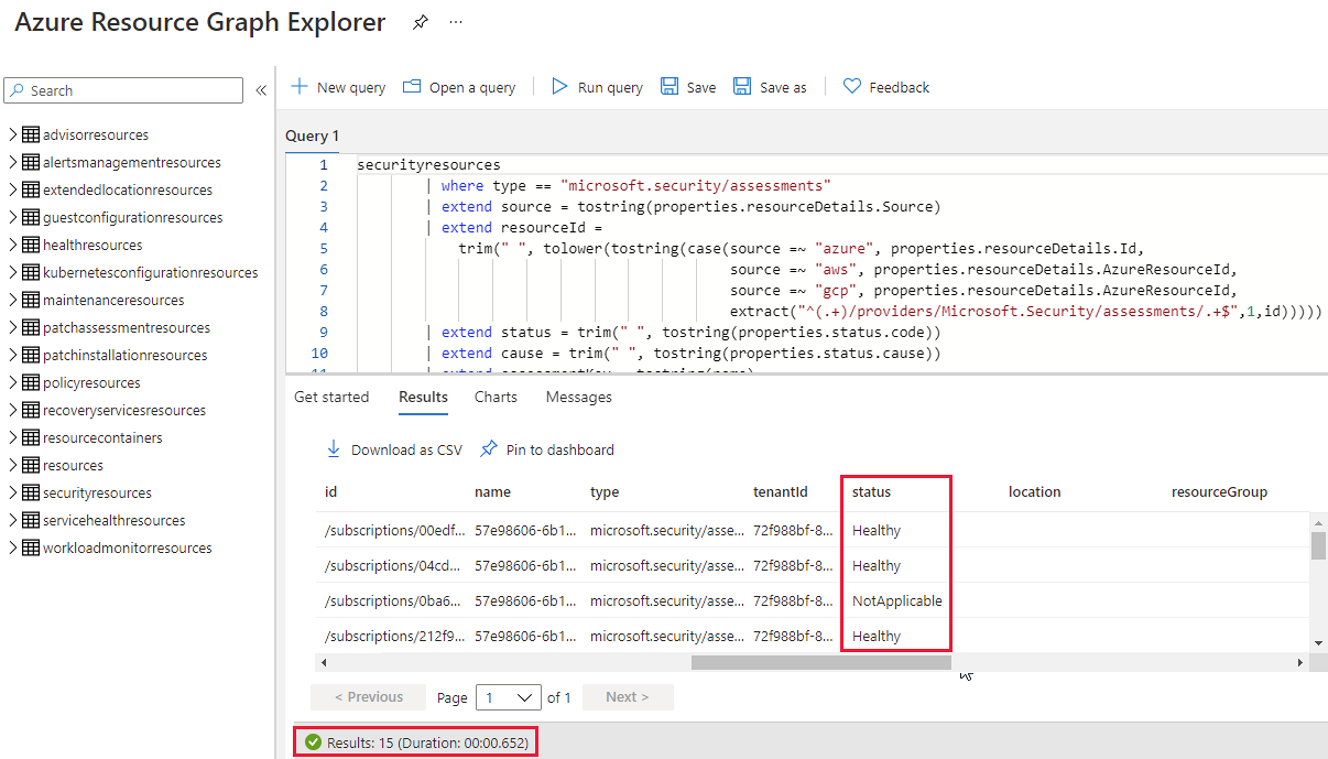 Zrzut ekranu przedstawiający Eksploratora usługi Azure Resource Graph z wynikami zalecenia pokazanego na poprzednim zrzucie ekranu.