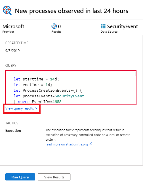 Zrzut ekranu przedstawiający wyświetlanie wyników zapytania z wyszukiwania zagrożeń w usłudze Microsoft Sentinel.