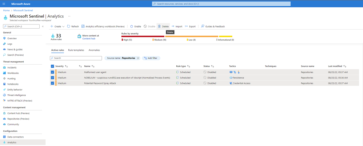 Zrzut ekranu przedstawiający reguły analizy filtrowane według nazwy źródłowej repozytoriów.
