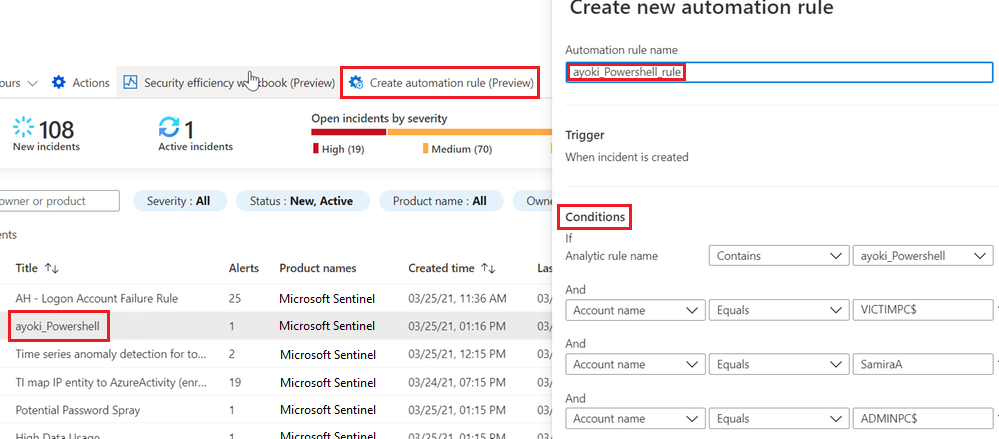 Screenshot showing how to create an automation rule for an incident in Microsoft Sentinel.