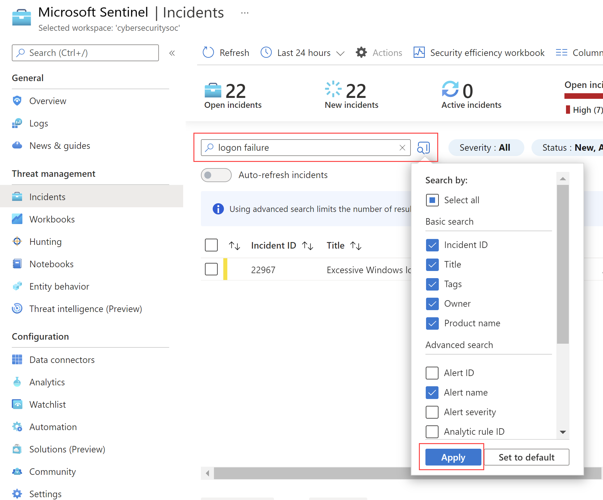 Screenshot of the incident search box and button to select basic and/or advanced search options.