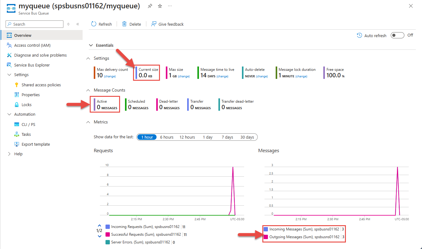 Zrzut ekranu przedstawiający aktywne komunikaty i rozmiar po odebraniu.