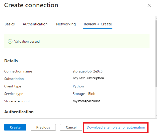 Zrzut ekranu witryny Azure Portal przedstawiający eksportowanie szablonu arm zasobu łącznika usługi.