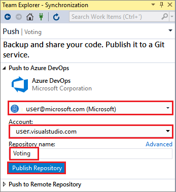 Screenshot of the Push to Azure DevOps settings with the Email, Account, Repository name, and Publish Repository button highlighted.