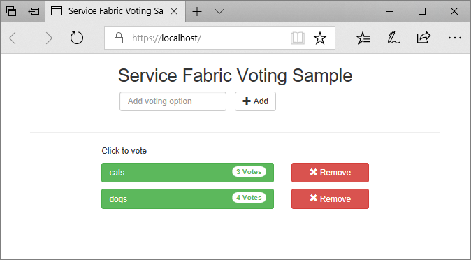 Zrzut ekranu przedstawiający przykładową aplikację usługi Service Fabric Voting działającą w przeglądarce i adres URL hosta lokalnego.