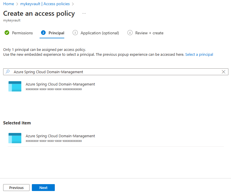 Zrzut ekranu przedstawiający stronę Tworzenie zasad dostępu w witrynie Azure Portal z wybraną pozycją Zarządzanie domeną usługi Azure Spring Apps z listy rozwijanej Wybierz podmiot zabezpieczeń.