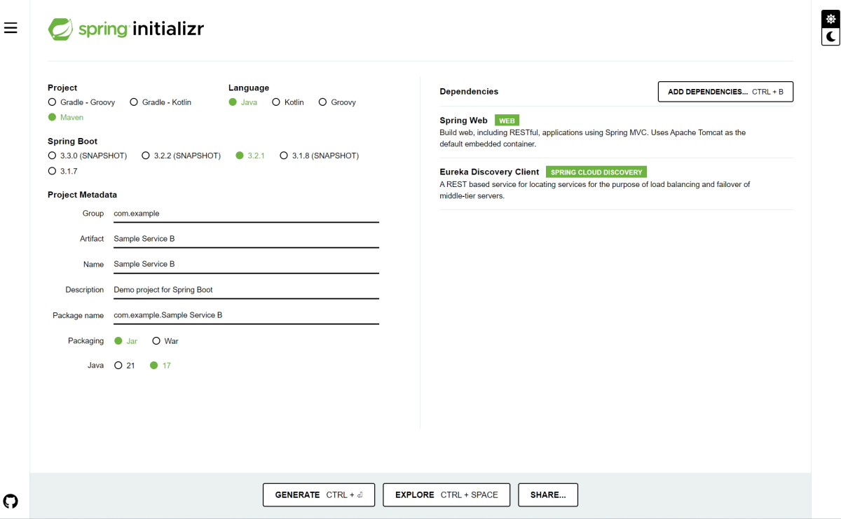 Zrzut ekranu przedstawiający stronę Spring Initializr z wymaganymi ustawieniami.