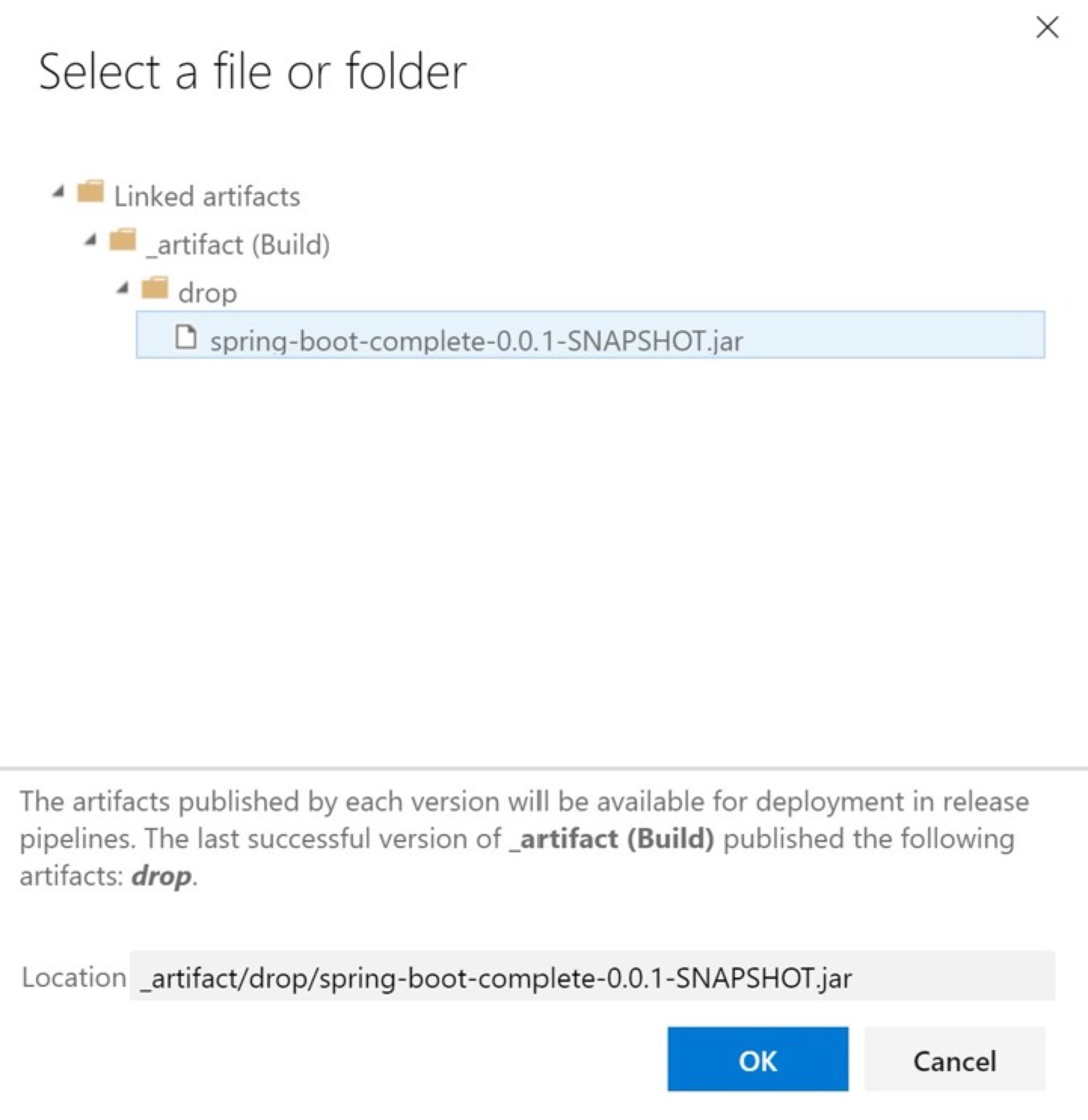 Zrzut ekranu usługi Azure DevOps przedstawiający okno dialogowe Wybieranie pliku lub folderu.