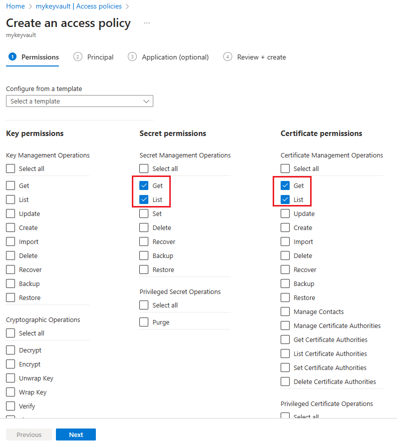 Zrzut ekranu przedstawiający stronę Dodawanie zasad dostępu w witrynie Azure Portal z pozycją Pobierz i wyświetl wybraną z uprawnień Wpis tajny i z uprawnień certyfikatu.