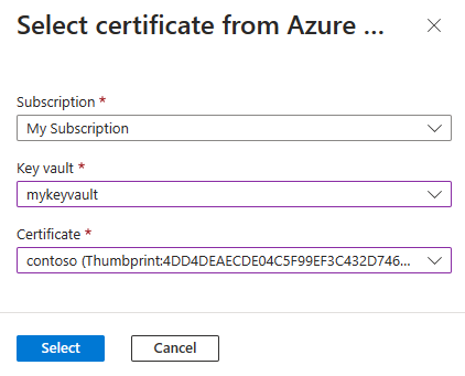 Zrzut ekranu witryny Azure Portal przedstawiający stronę Wybieranie certyfikatu na platformie Azure.