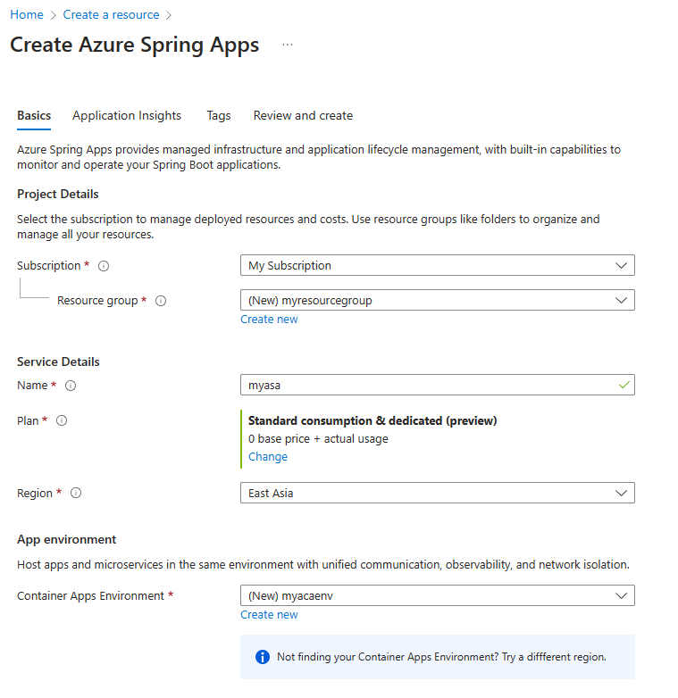 Zrzut ekranu przedstawiający Azure Portal z wyświetloną stroną Tworzenie usługi Azure Spring Apps.