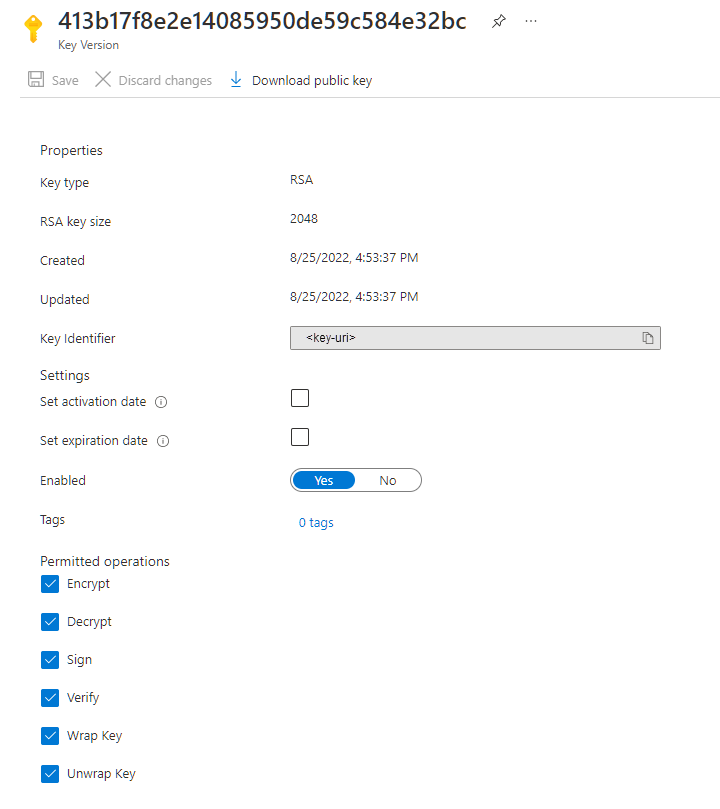 Zrzut ekranu przedstawiający identyfikator URI klucza magazynu kluczy w Azure Portal.