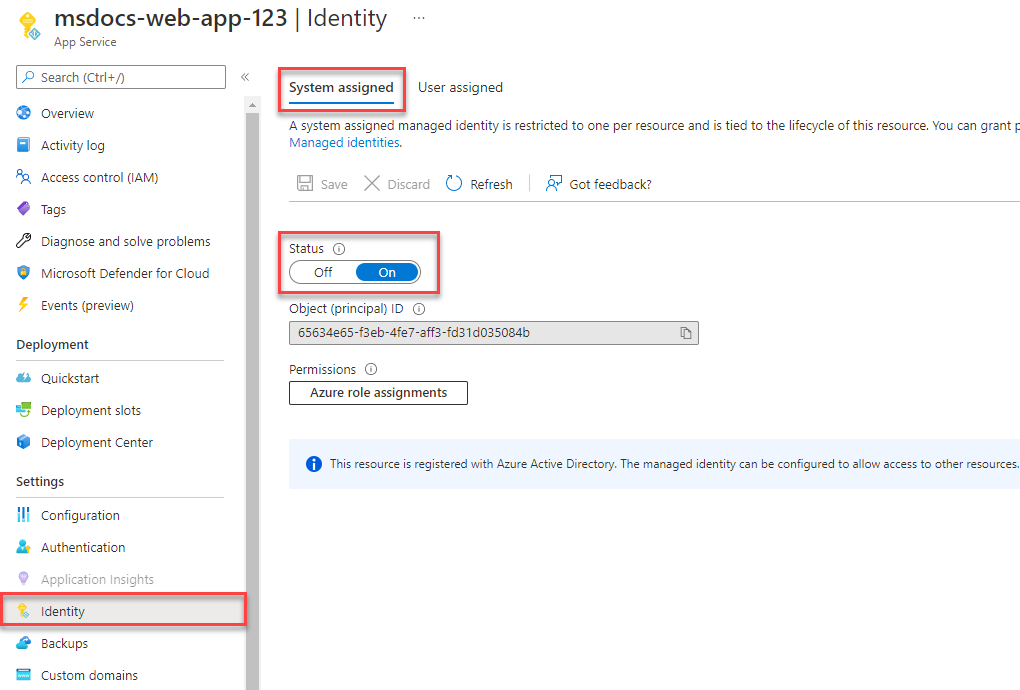 Screenshot showing how to assign a system assigned managed identity.