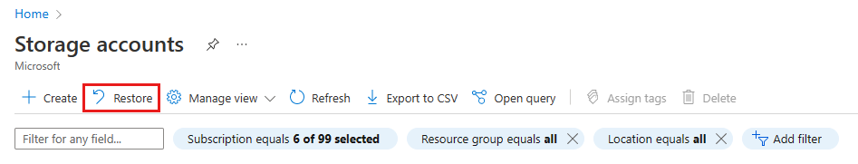 Zrzut ekranu przedstawiający przycisk Przywróć w Azure Portal.