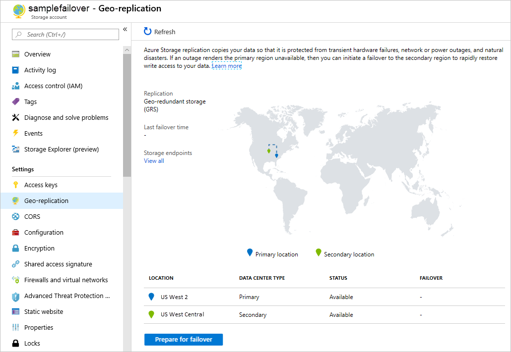 Zrzut ekranu przedstawiający stan replikacji geograficznej i trybu failover