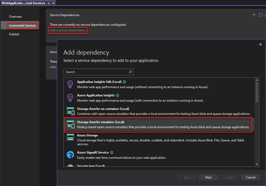Zrzut ekranu przedstawiający sposób dodawania Azurite jako zależności do projektu ASP.NET.