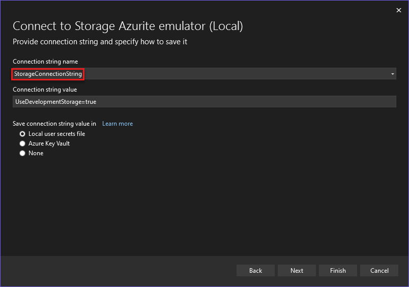 A screenshot showing how to configure a connection string to use Azurite with an ASP.NET project.