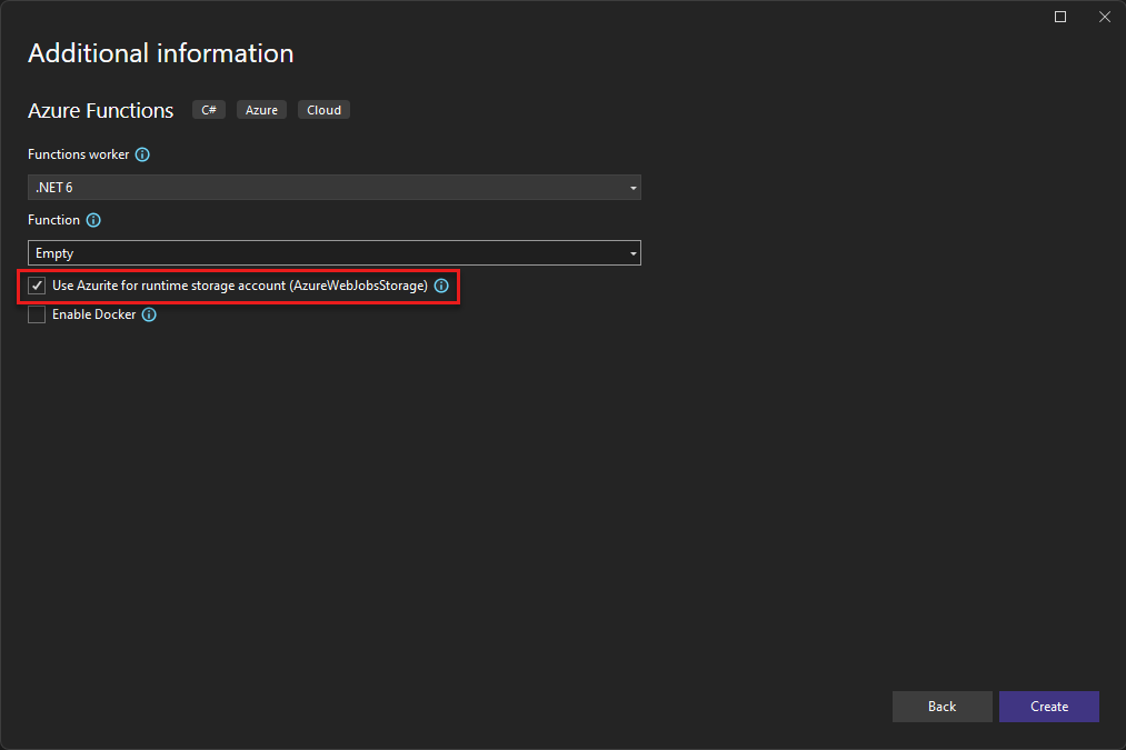 A screenshot showing how to set Azurite to be the runtime storage account for an Azure Functions project.