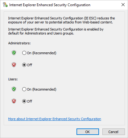 Screenshot showing the Internet Explorer Enhanced Security Configuration pop-window with Off selected.