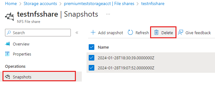 Screenshot of deleting file share snapshots.