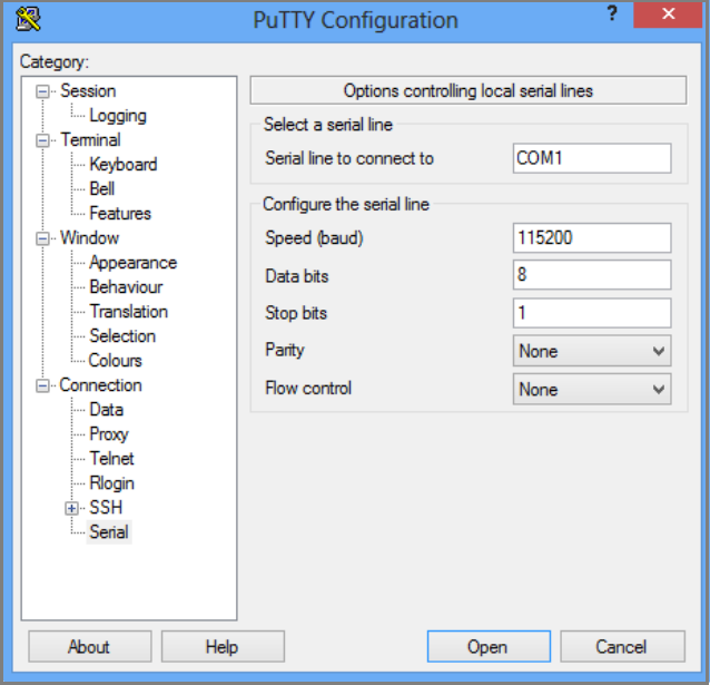 Screenshot of a PuTTY serial configuration