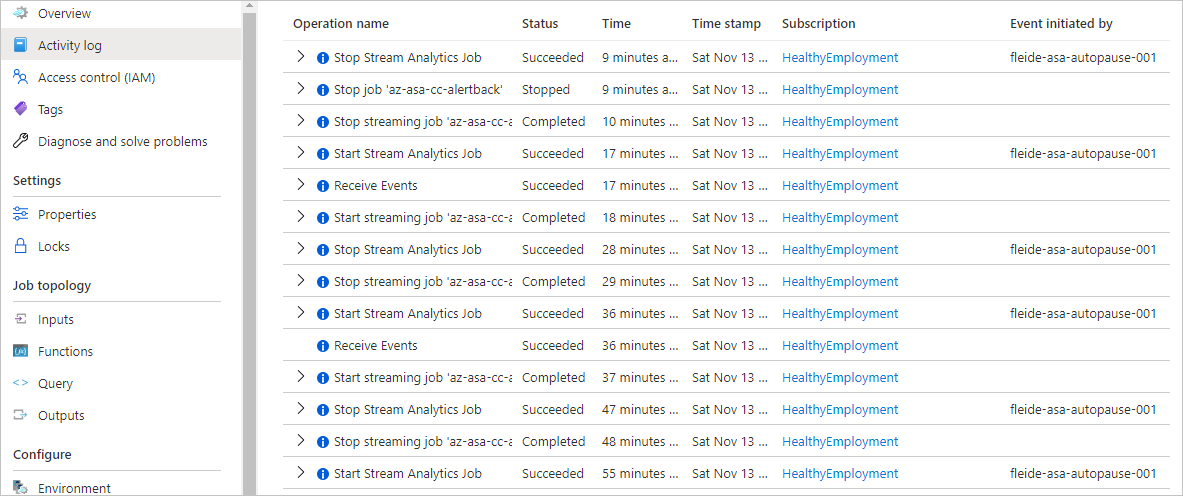 Screenshot of the logs of the Stream Analytics job.