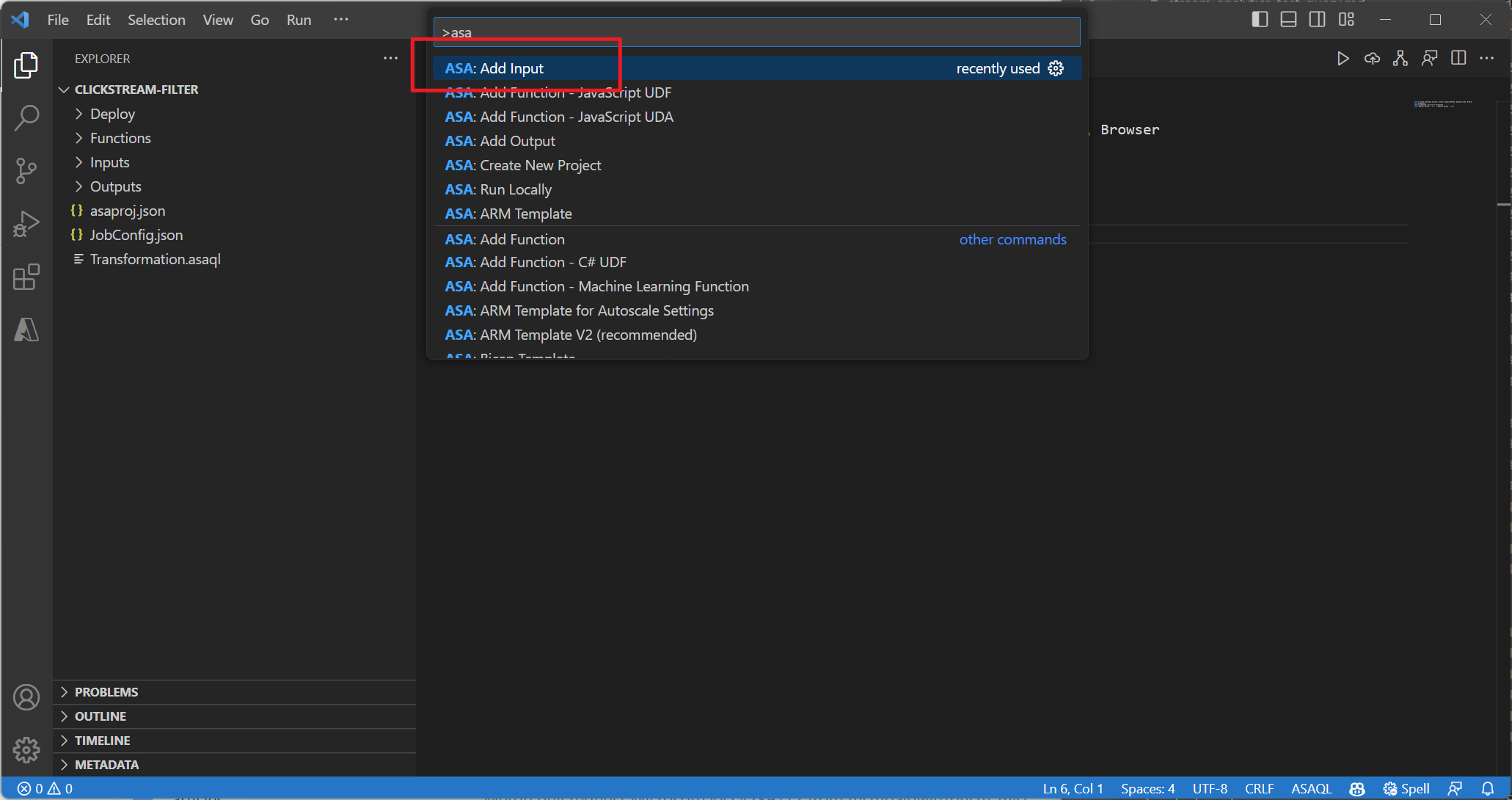 Add Stream Analytics input in Visual Studio Code