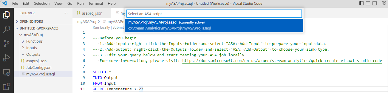 Select a Stream Analytics script in Visual Studio Code
