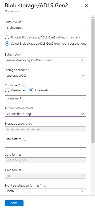 Zrzut ekranu przedstawiający stronę **Nowe dane wyjściowe**, aby wprowadzić informacje o wejściowym koncie usługi Azure Storage.