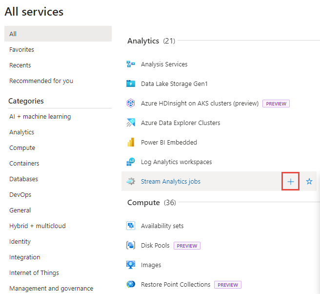 Zrzut ekranu przedstawiający wybór zadań usługi Stream Analytics na stronie Wszystkie usługi.