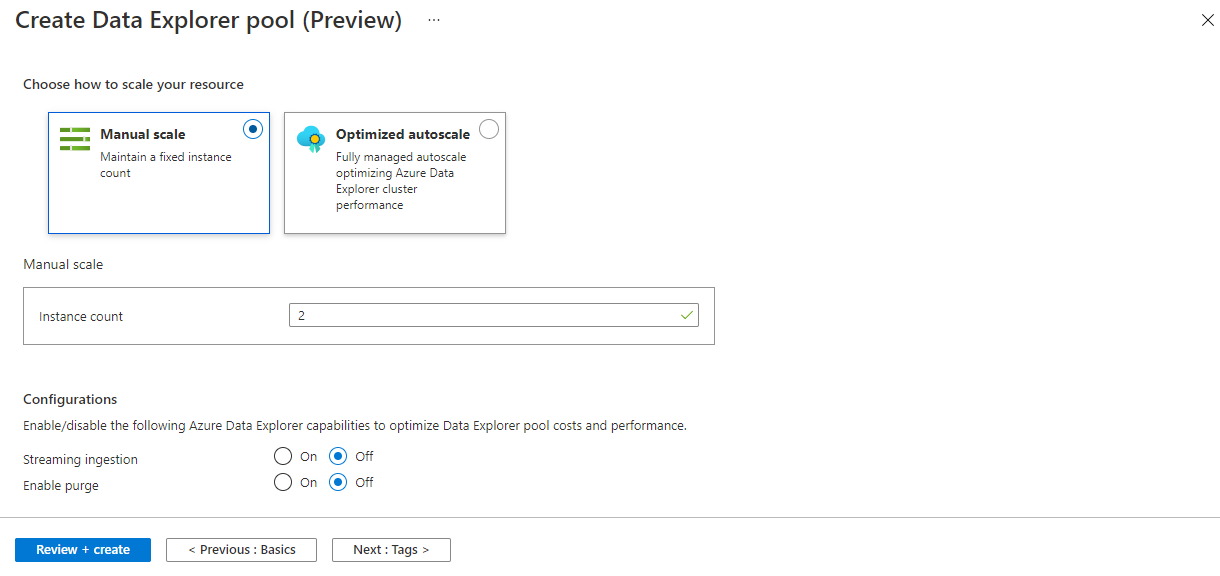 Ustawienia zaawansowane dla nowej puli Data Explorer Azure Portal