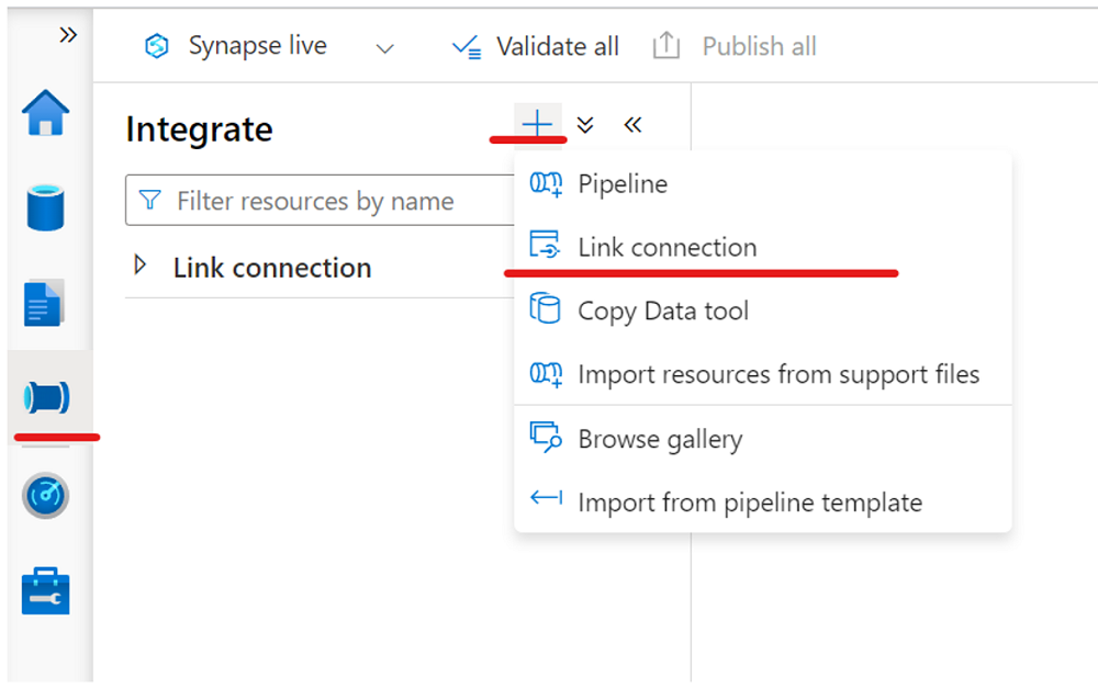 Zrzut ekranu przedstawiający sposób tworzenia linku do puli Azure Synapse SQL.