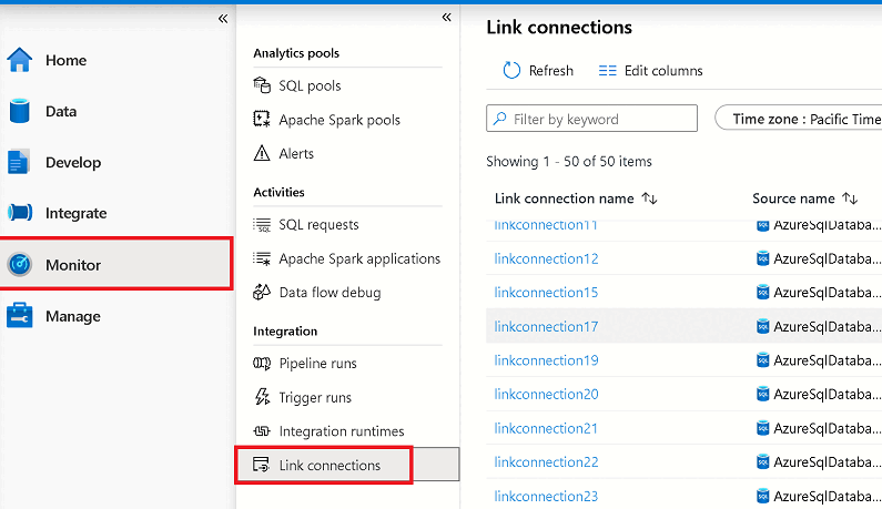 Zrzut ekranu przedstawiający sposób monitorowania stanu połączenia usługi Azure Synapse Link z centrum monitora.