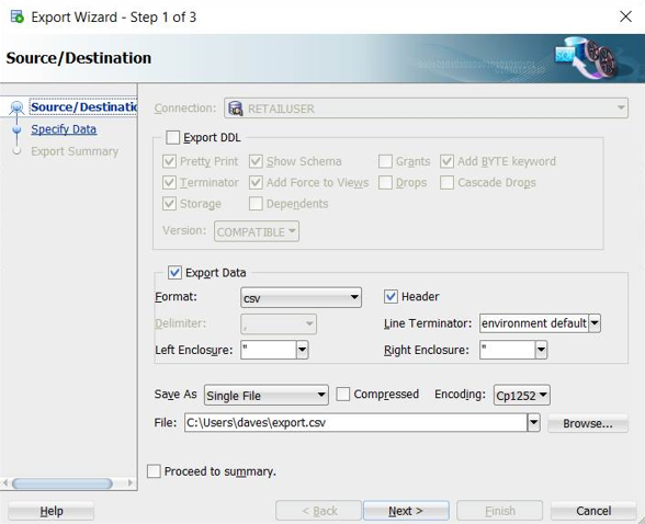 Zrzut ekranu przedstawiający interfejs użytkownika kreatora eksportu programu SQL Developer.