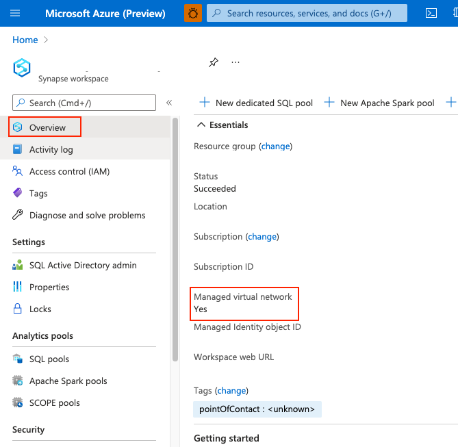 Screenshot of the Azure Synapse workspace overview page indicating that a managed virtual network is enabled.