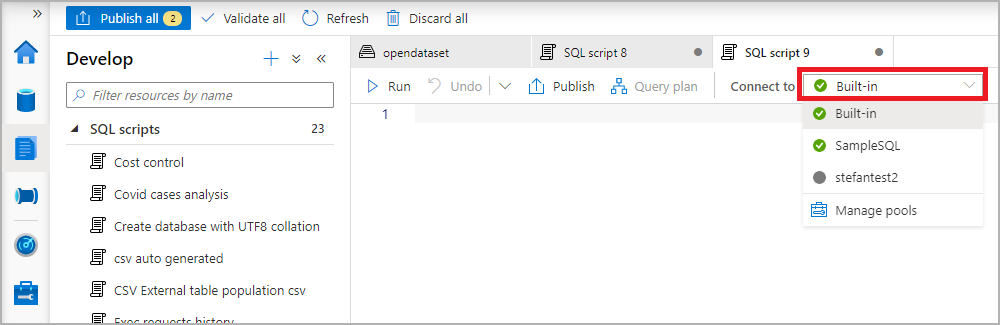 Zrzut ekranu przedstawiający menu rozwijane wybierania puli SQL.