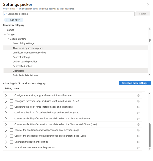 selektor ustawień Intune dla przeglądarki Chrome