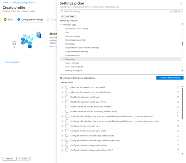 selektor ustawień Intune dla zasad przeglądarki Edge