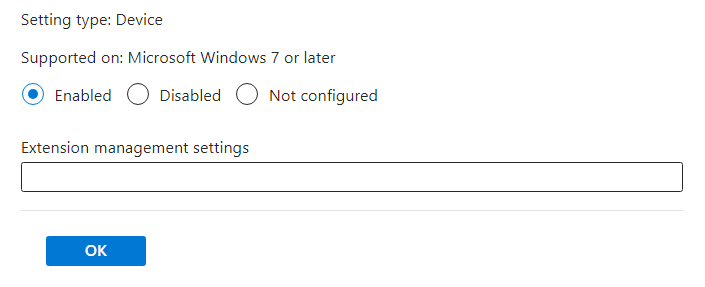 Zrzut ekranu przedstawiający ustawienia zarządzania rozszerzeniami google Chrome w portalu usługi Microsoft Intune.