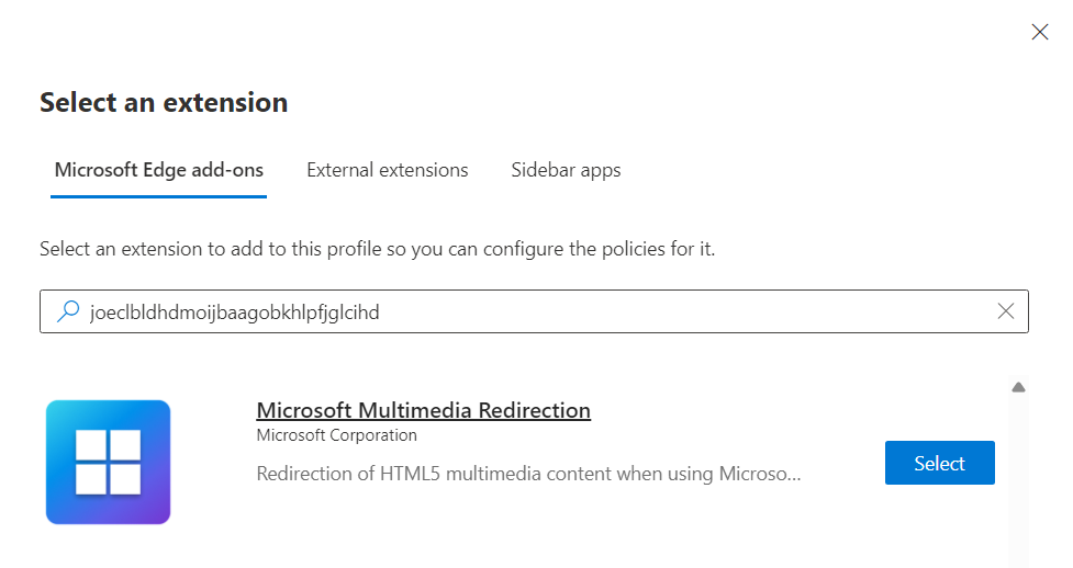 Zrzut ekranu przedstawiający wyniki wyszukiwania rozszerzenia przekierowania multimediów firmy Microsoft w profilu konfiguracji przeglądarki Microsoft Edge.