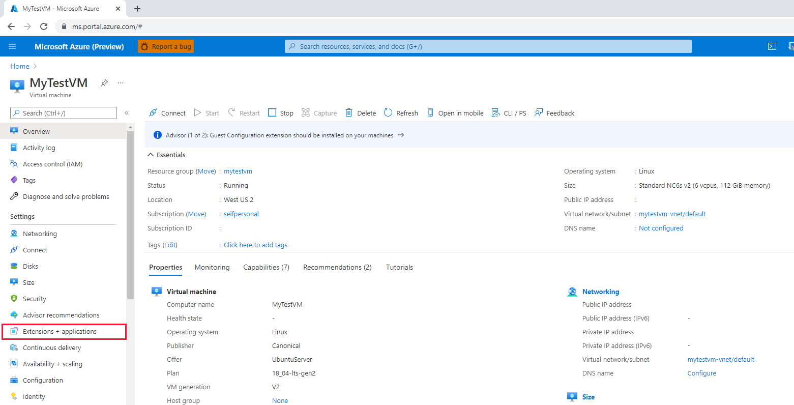 Zrzut ekranu przedstawiający wybieranie pozycji Rozszerzenia w menu witryny Azure Portal.