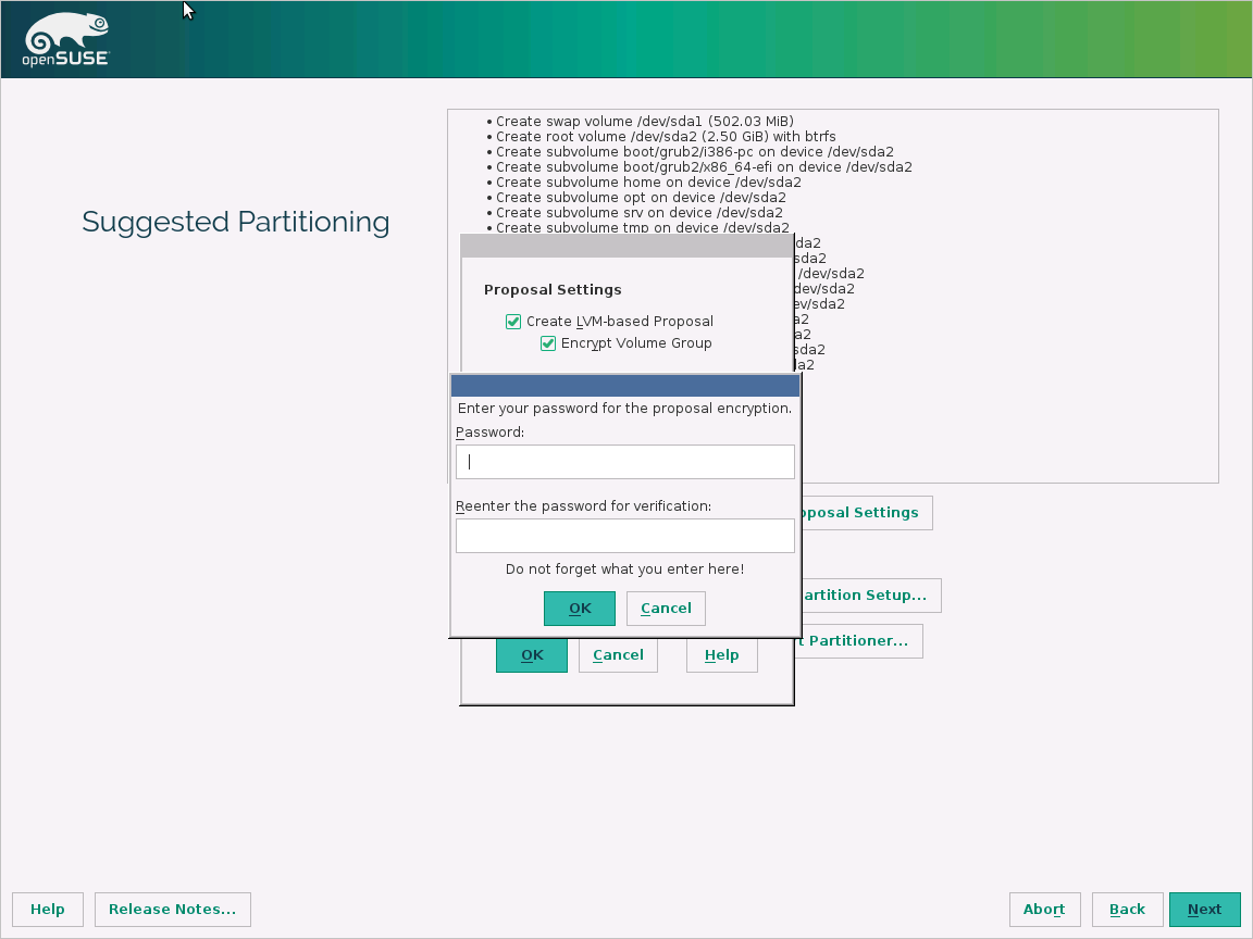 openSUSE 13.2 Setup — Szyfruj grupę woluminów