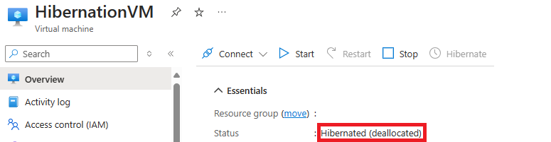 Zrzut ekranu przedstawiający stan hiberowanej maszyny wirtualnej w witrynie Azure Portal z listą