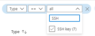 Zrzut ekranu przedstawiający sposób filtrowania listy w celu wyświetlenia wszystkich kluczy SSH.