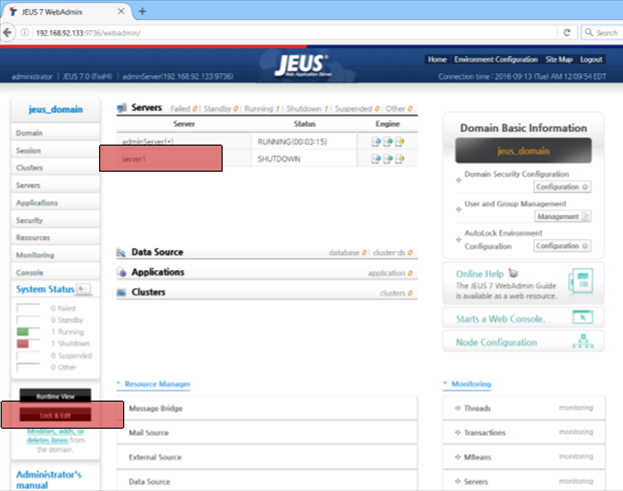 Ekran sieci Web serwera JEUS Administracja