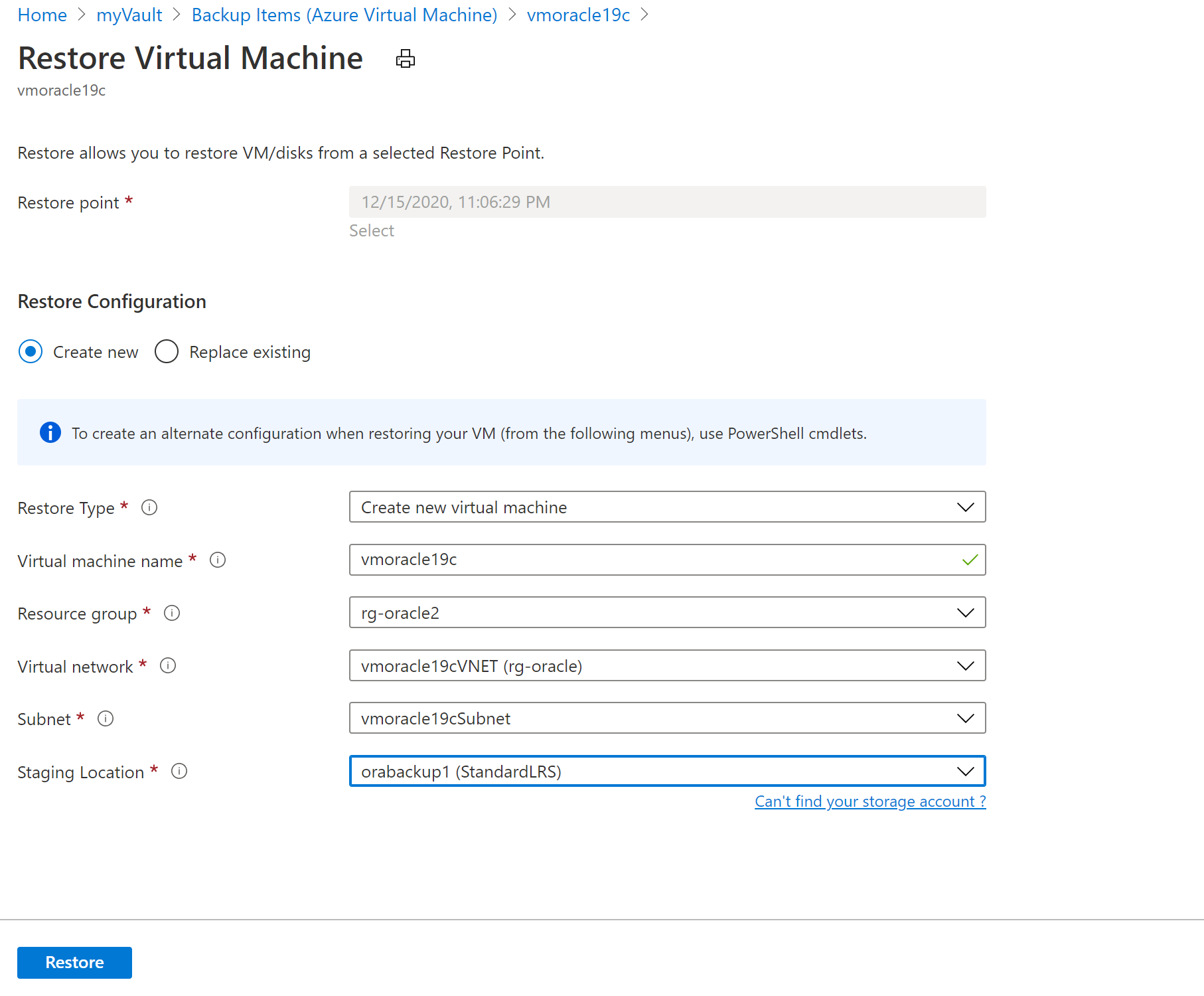 Zrzut ekranu przedstawiający wartości przywracania maszyny wirtualnej.